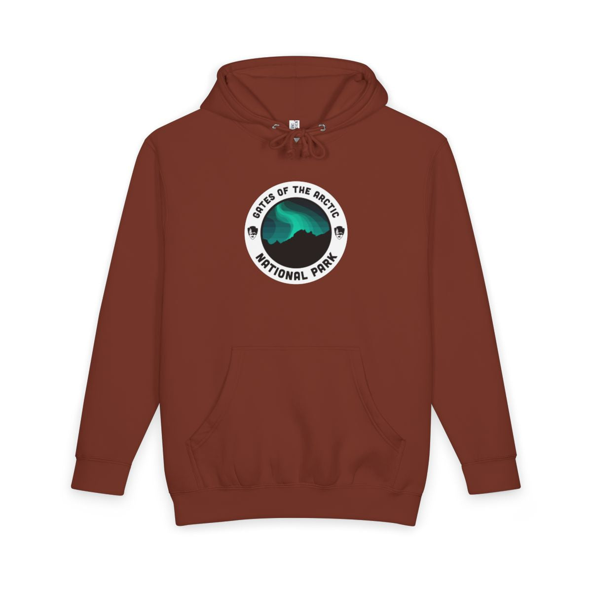 Paprika Gates of the Arctic National Park hoodie, front view with round emblem design