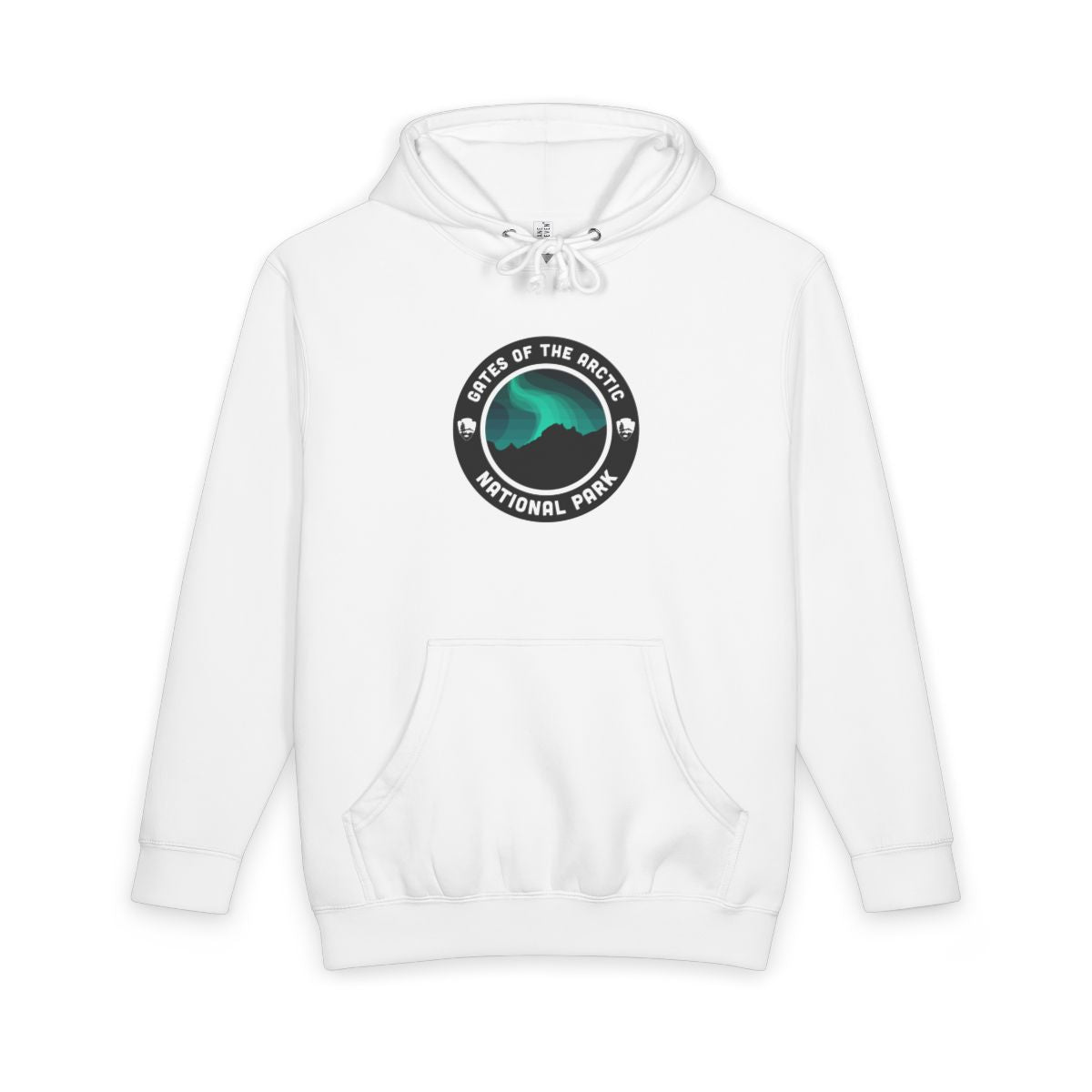 White Gates of the Arctic National Park hoodie, front view with round emblem design