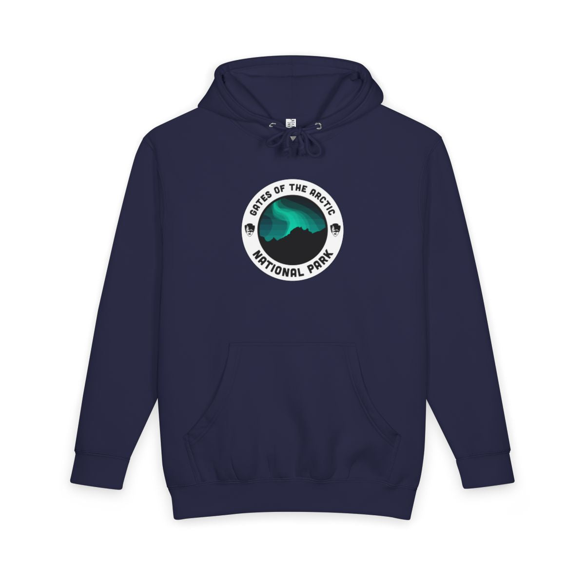 Navy Blue Gates of the Arctic National Park hoodie, front view with round emblem design