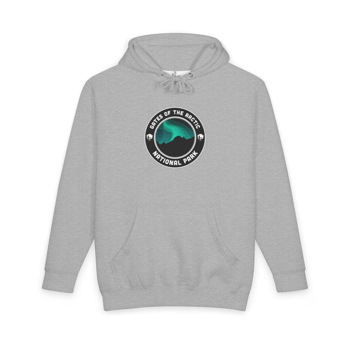 Heather Grey Gates of the Arctic National Park hoodie, front view with round emblem design