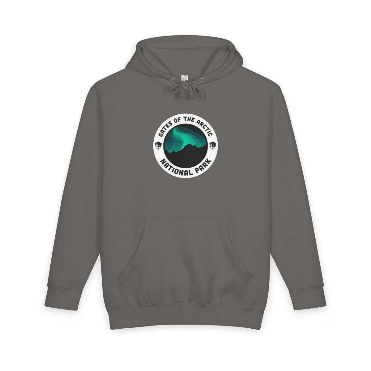 Storm Gates of the Arctic National Park hoodie, front view with round emblem design
