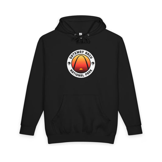 Black Gateway Arch National Park hoodie, front view with round emblem design