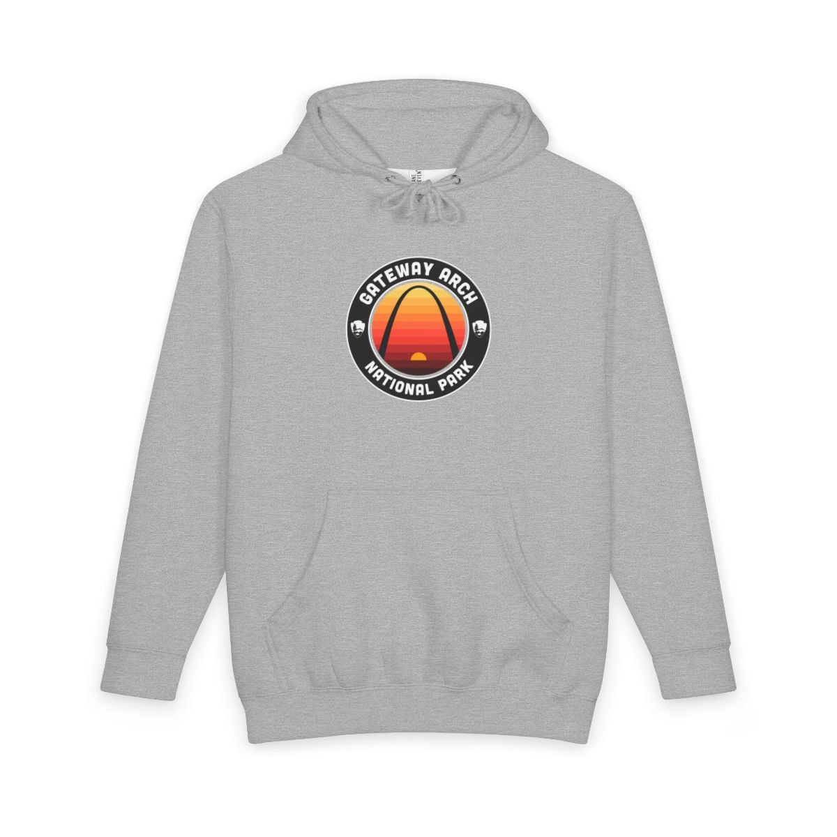 Heather Grey Gateway Arch National Park hoodie, front view with round emblem design