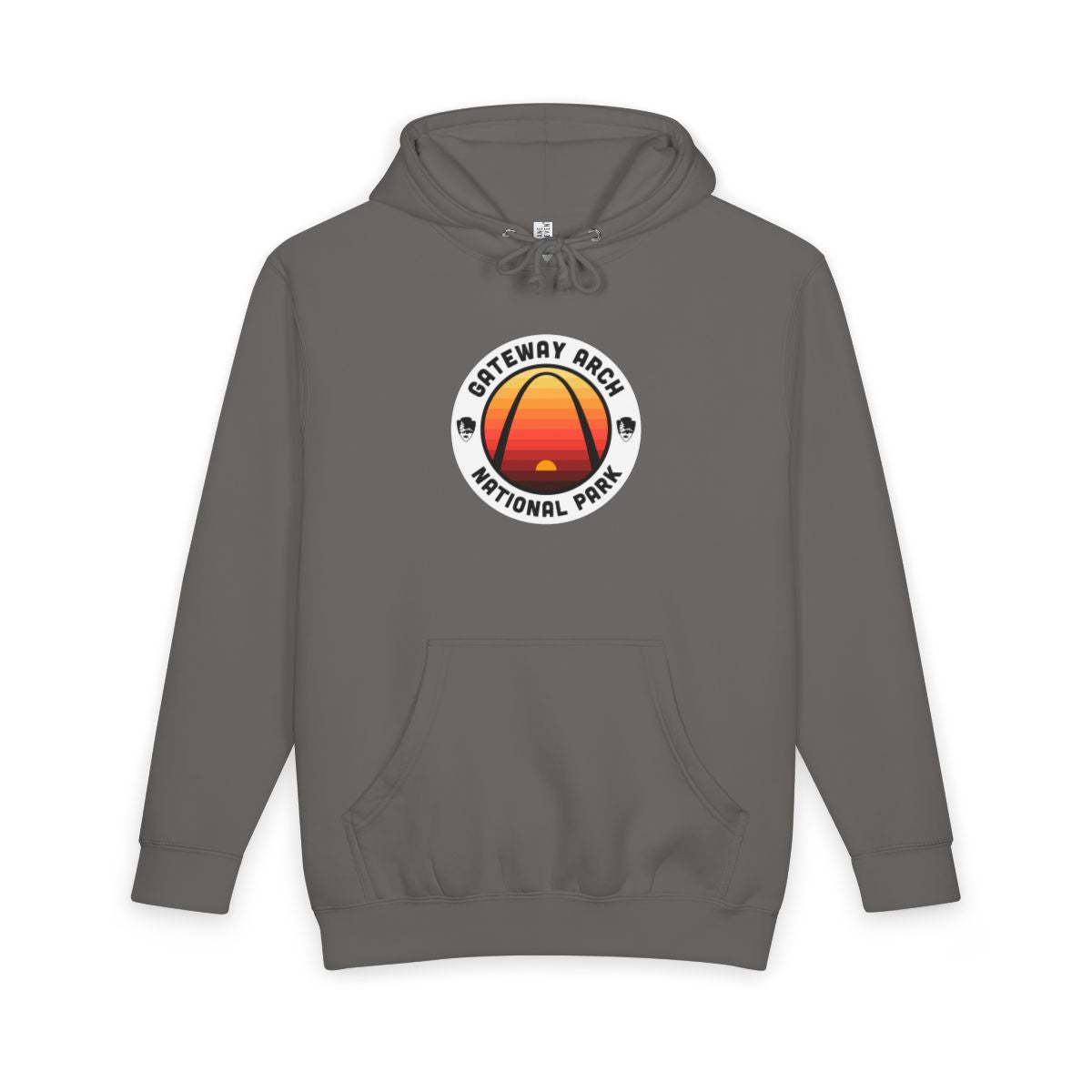 Storm Gateway Arch National Park hoodie, front view with round emblem design