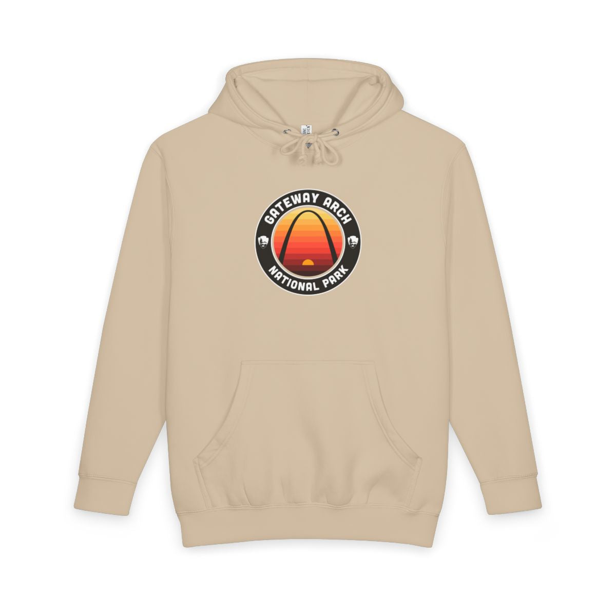Mushroom Gateway Arch National Park hoodie, front view with round emblem design