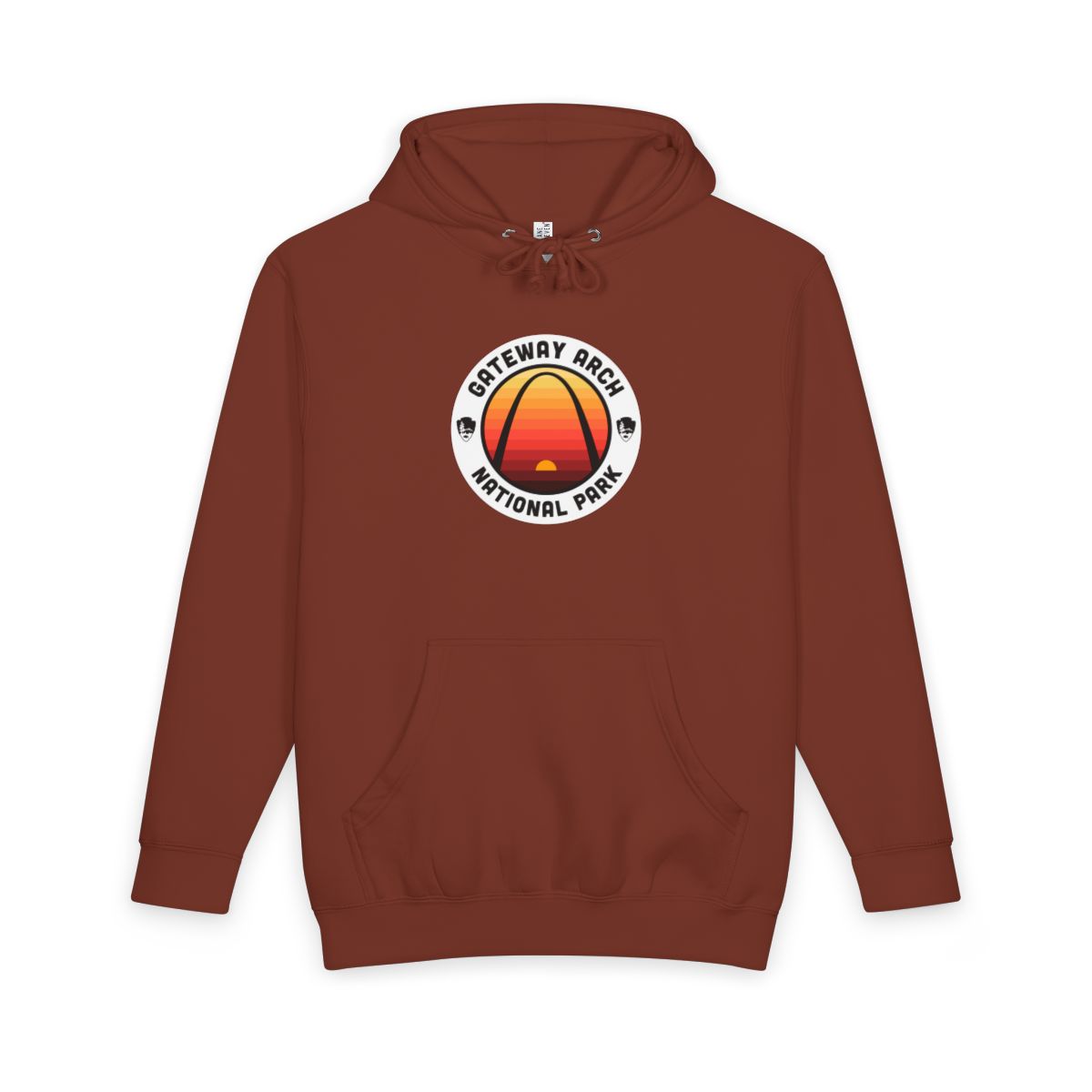 Paprika Gateway Arch National Park hoodie, front view with round emblem design