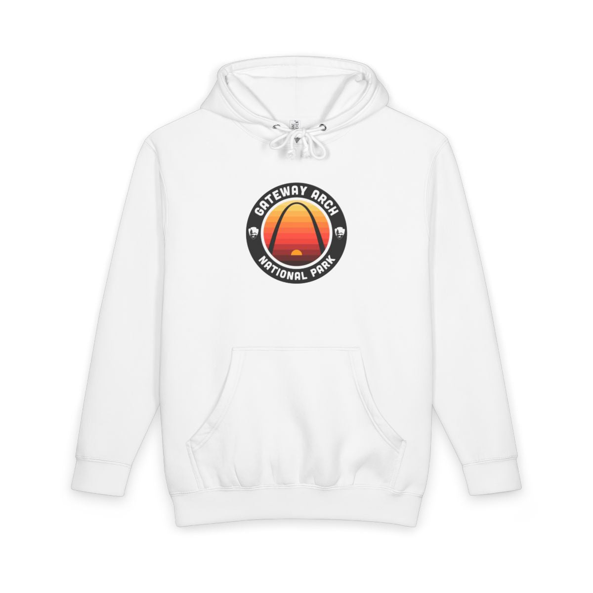 White Gateway Arch National Park hoodie, front view with round emblem design