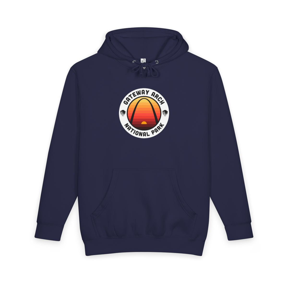 Navy Blue Gateway Arch National Park hoodie, front view with round emblem design
