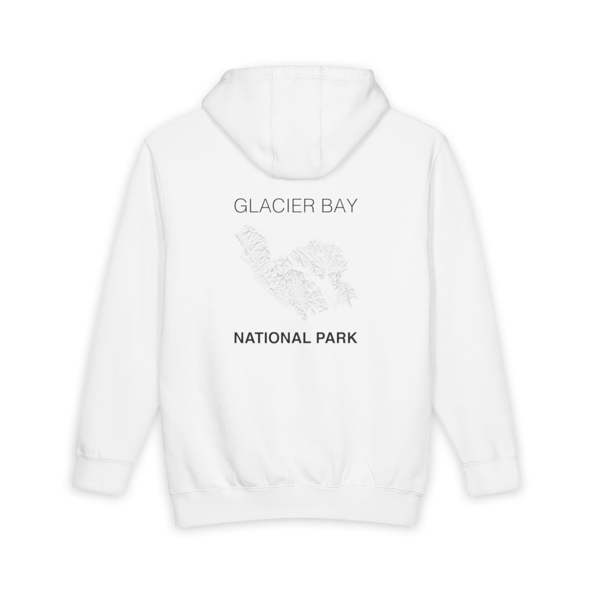White Glacier Bay National Park hoodie, back view with topographic line design