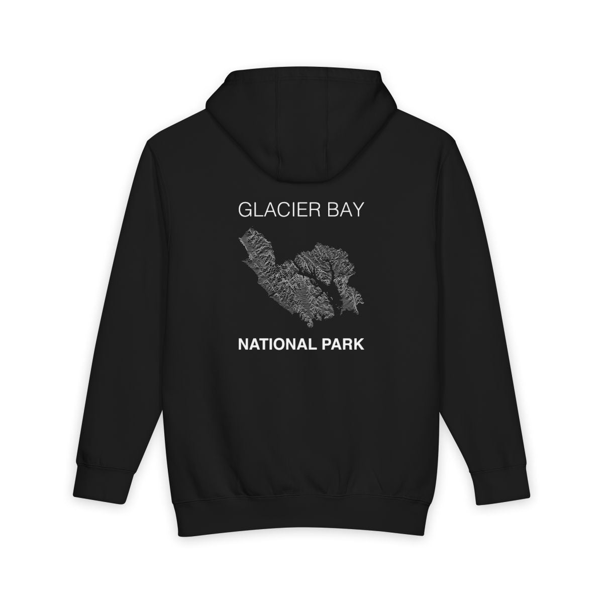 Black Glacier Bay National Park hoodie, back view with topographic line design