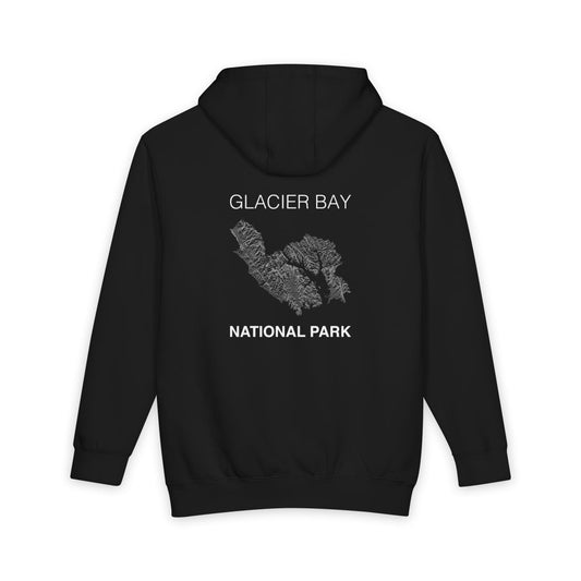Black Glacier Bay National Park hoodie, back view with topographic line design