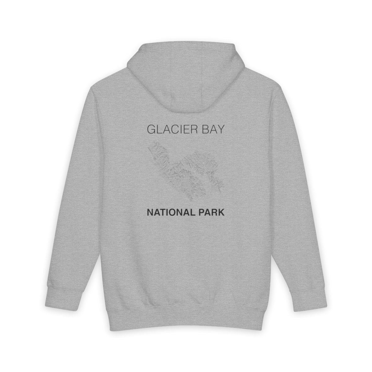 Heather Grey Glacier Bay National Park hoodie, back view with topographic line design