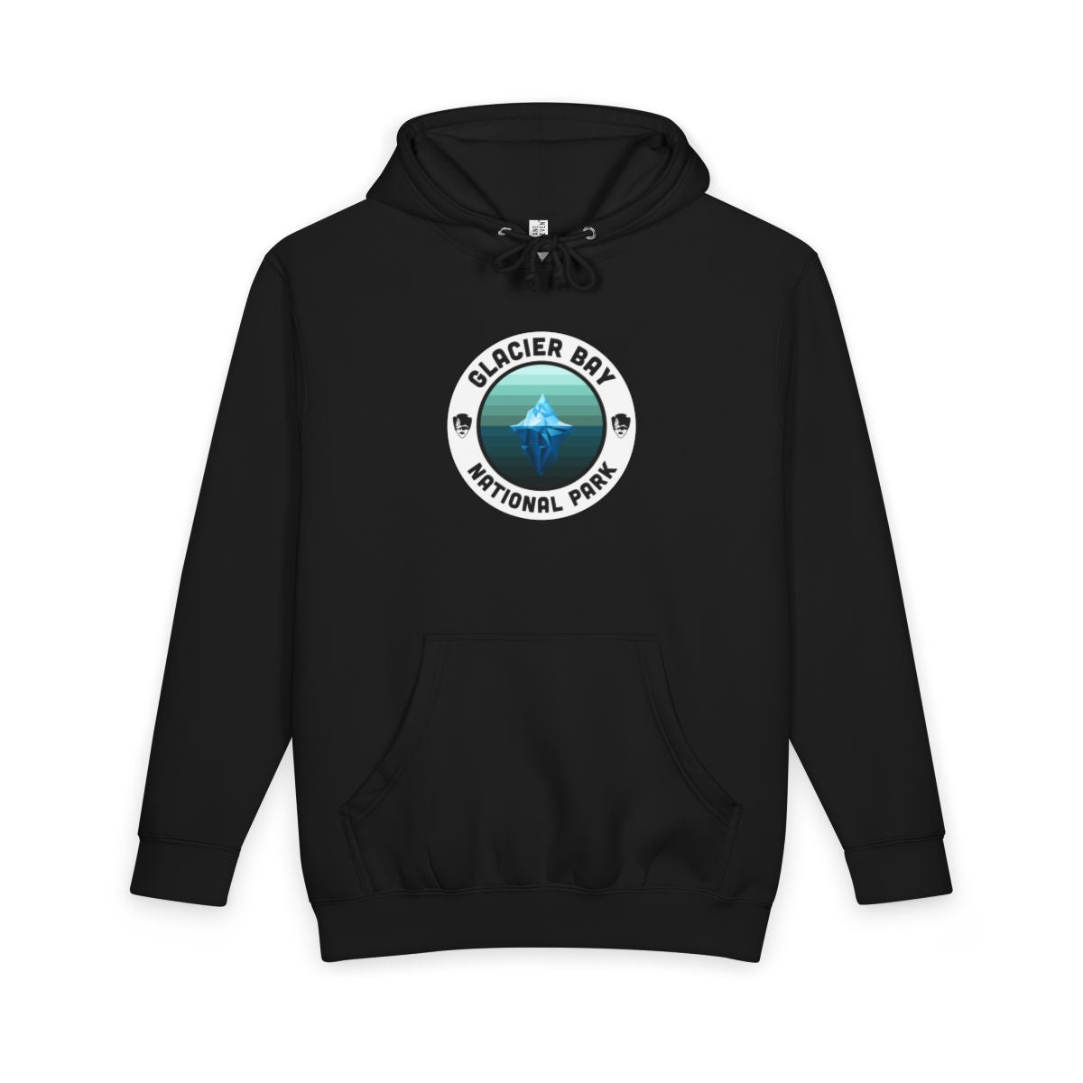 Black Glacier Bay National Park hoodie, front view with round emblem design
