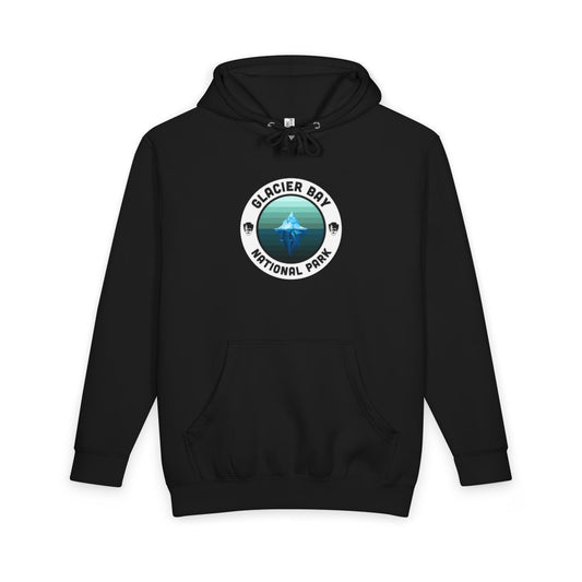 Black Glacier Bay National Park hoodie, front view with round emblem design