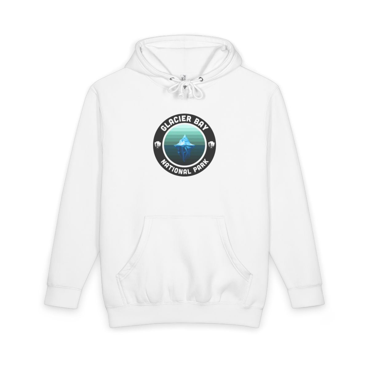 White Glacier Bay National Park hoodie, front view with round emblem design