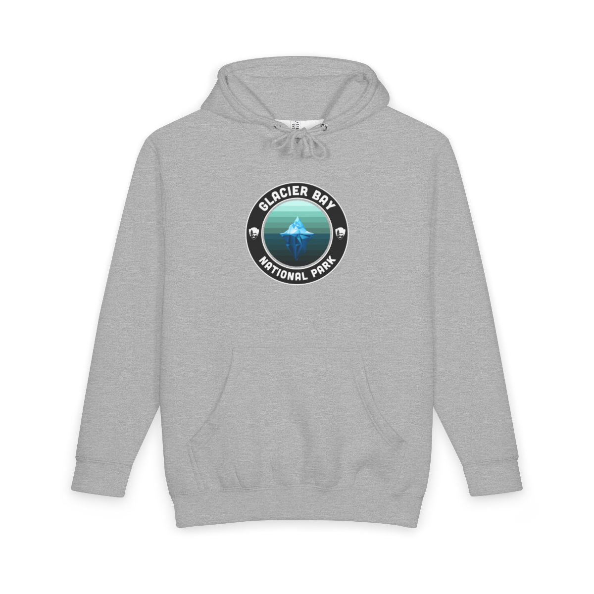 Heather Grey Glacier Bay National Park hoodie, front view with round emblem design