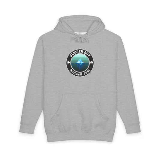 Heather Grey Glacier Bay National Park hoodie, front view with round emblem design