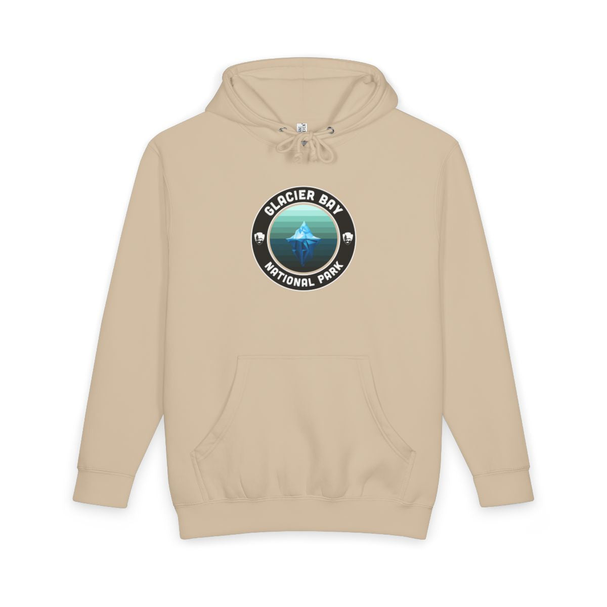 Mushroom Glacier Bay National Park hoodie, front view with round emblem design
