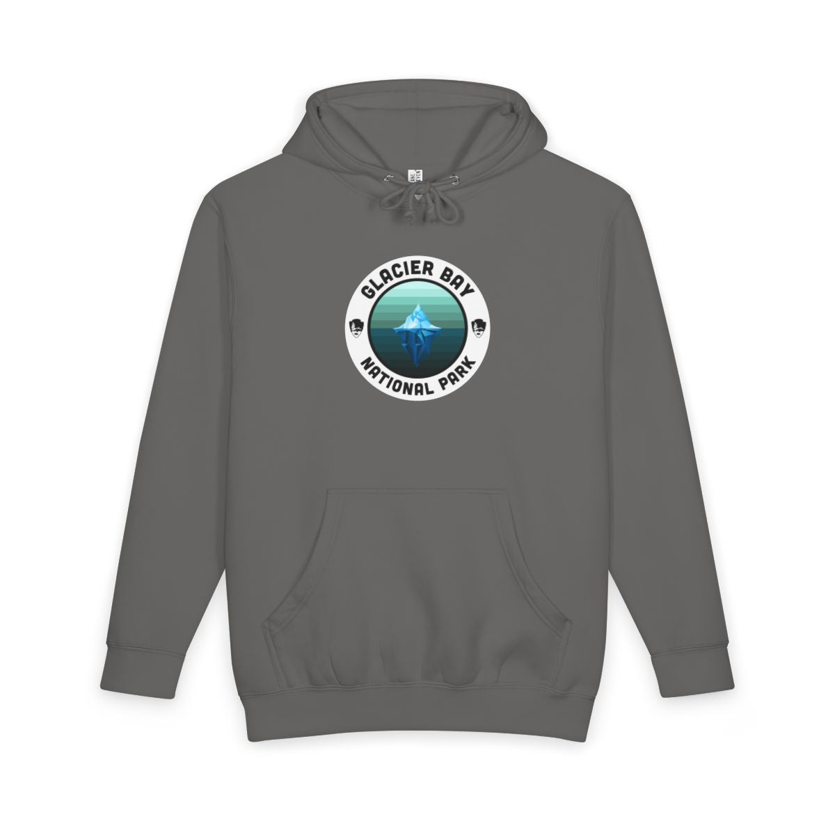 Storm Glacier Bay National Park hoodie, front view with round emblem design
