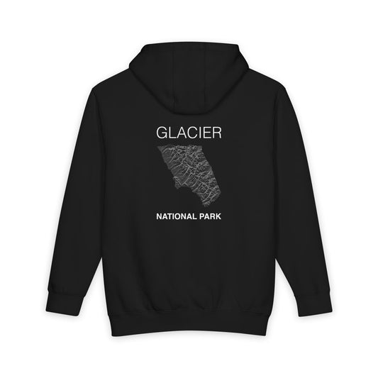 Black Glacier National Park hoodie, back view with topographic line design