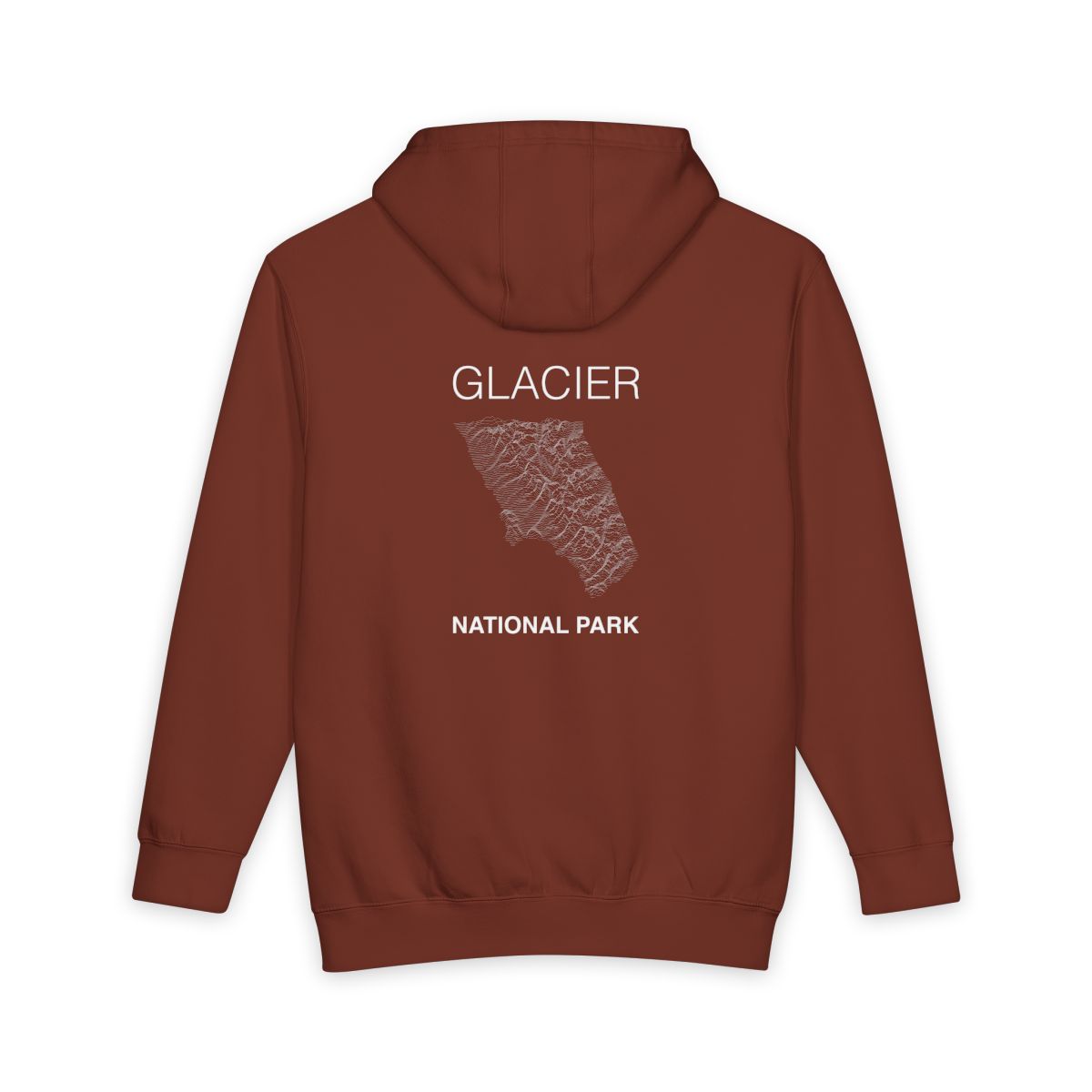 Paprika Glacier National Park hoodie, back view with topographic line design