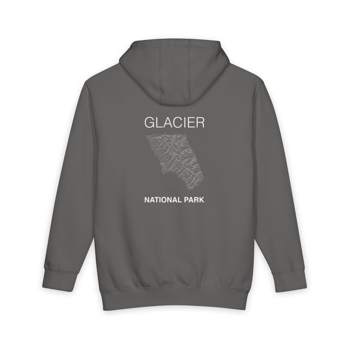 Storm Glacier National Park hoodie, back view with topographic line design
