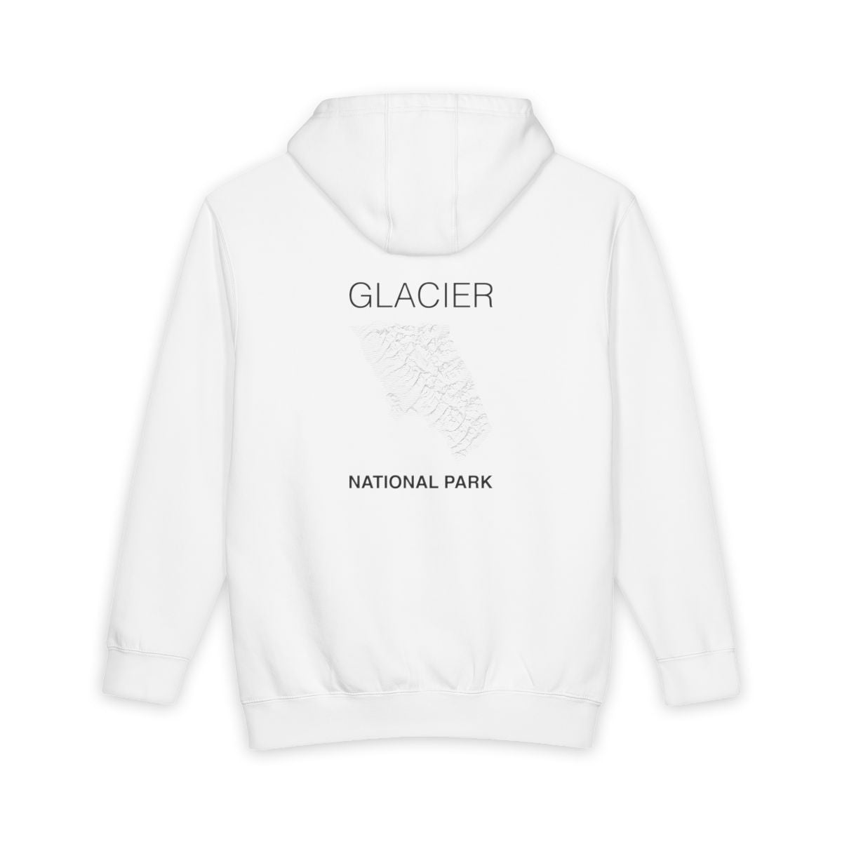 White Glacier National Park hoodie, back view with topographic line design