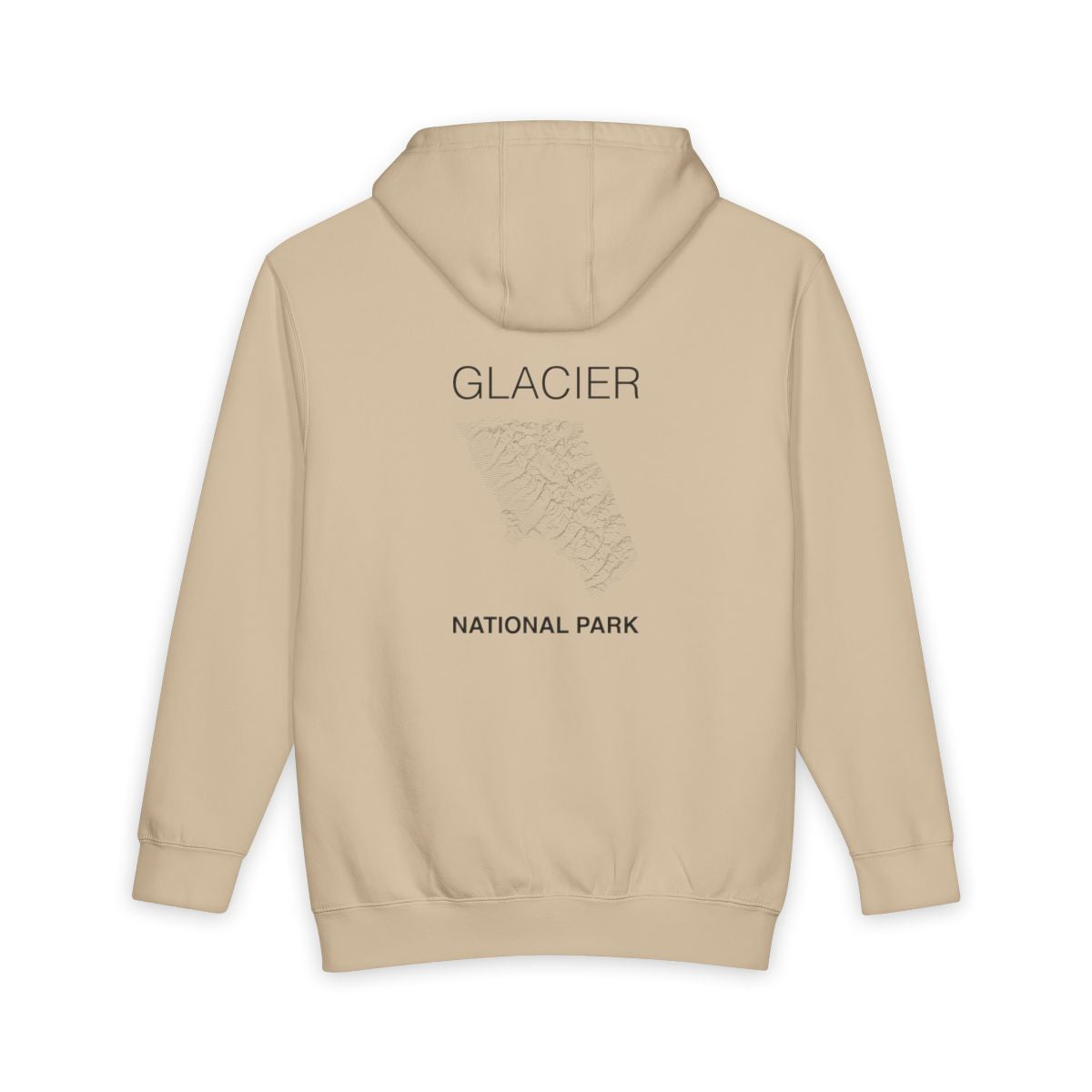 Mushroom Glacier National Park hoodie, back view with topographic line design