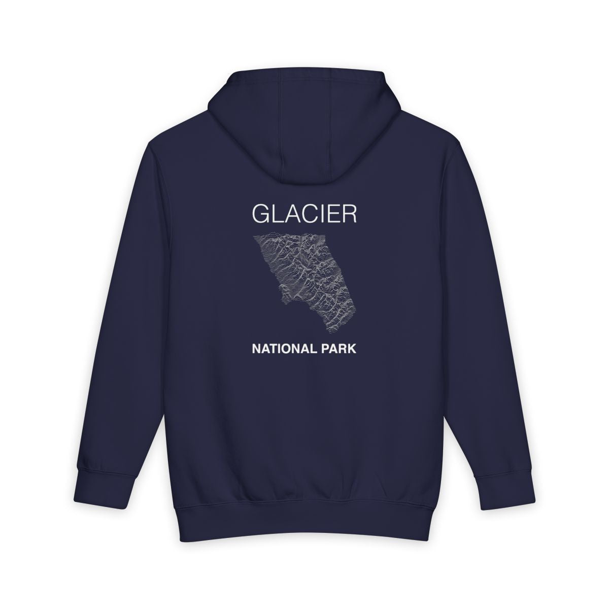 Navy Blue Glacier National Park hoodie, back view with topographic line design