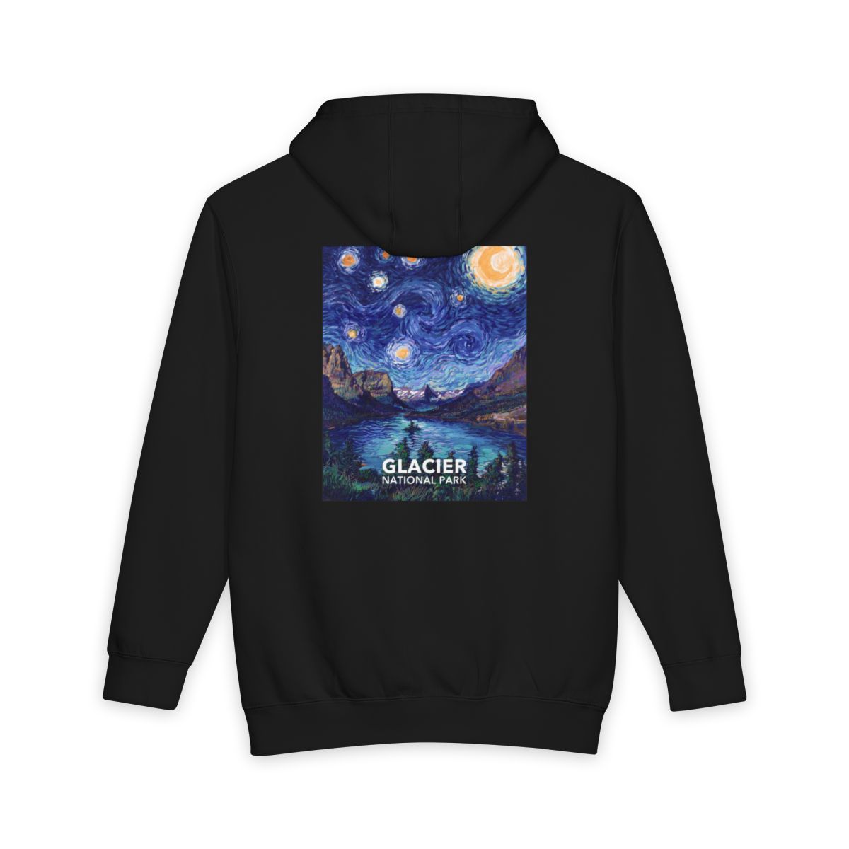 Black Glacier National Park hoodie, back view with the starry night poster artwork