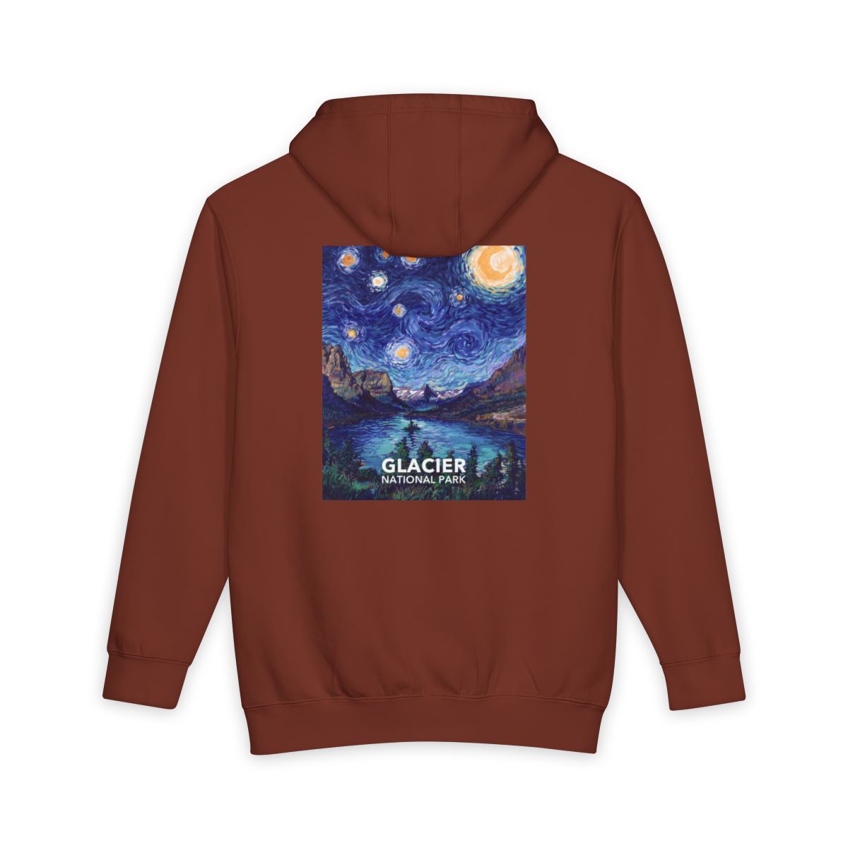 Paprika Glacier National Park hoodie, back view with the starry night poster artwork