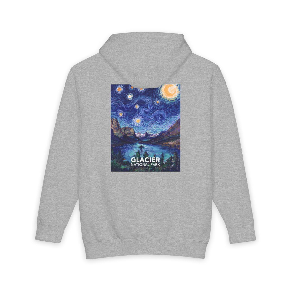 Heather Grey Glacier National Park hoodie, back view with the starry night poster artwork