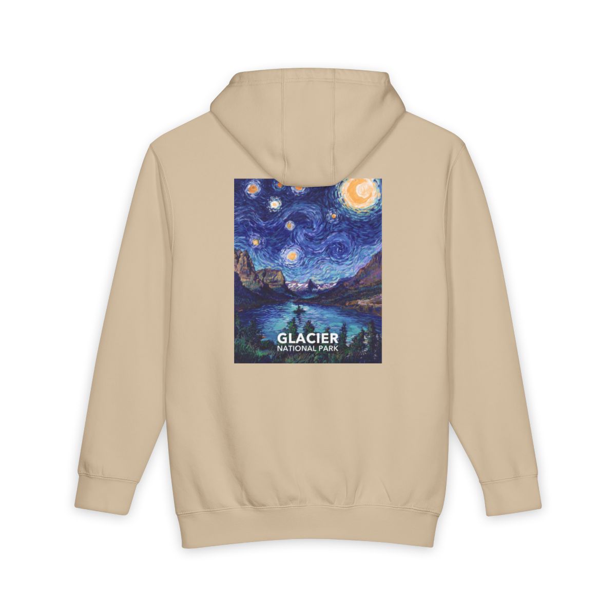 Mushroom Glacier National Park hoodie, back view with the starry night poster artwork