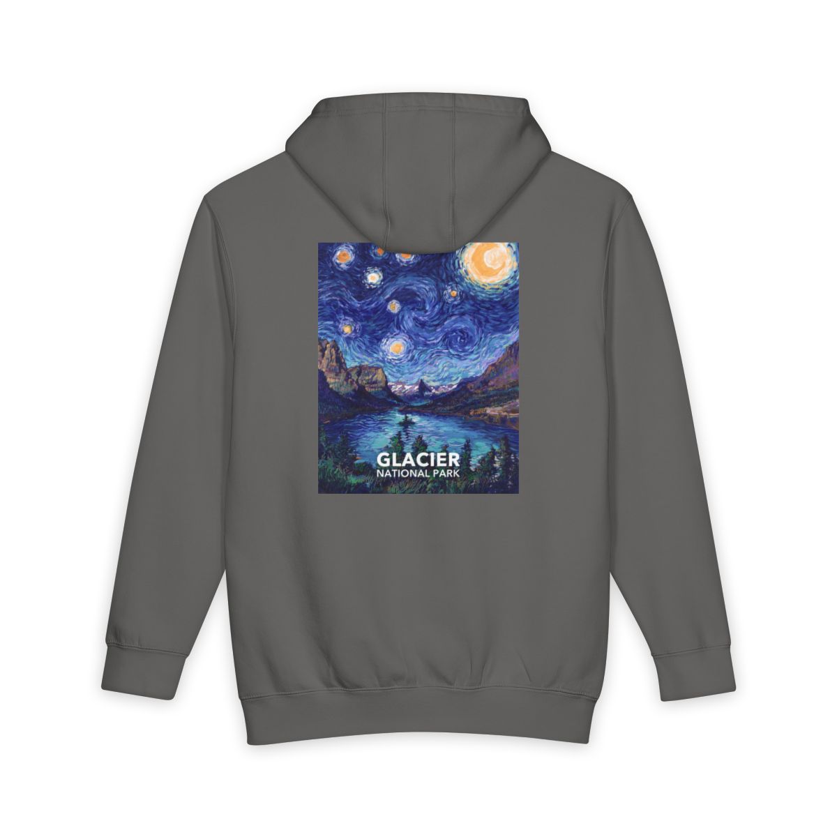 Storm Glacier National Park hoodie, back view with the starry night poster artwork