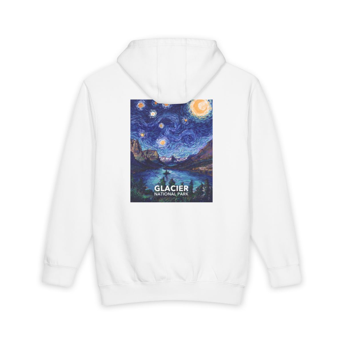 White Glacier National Park hoodie, back view with the starry night poster artwork