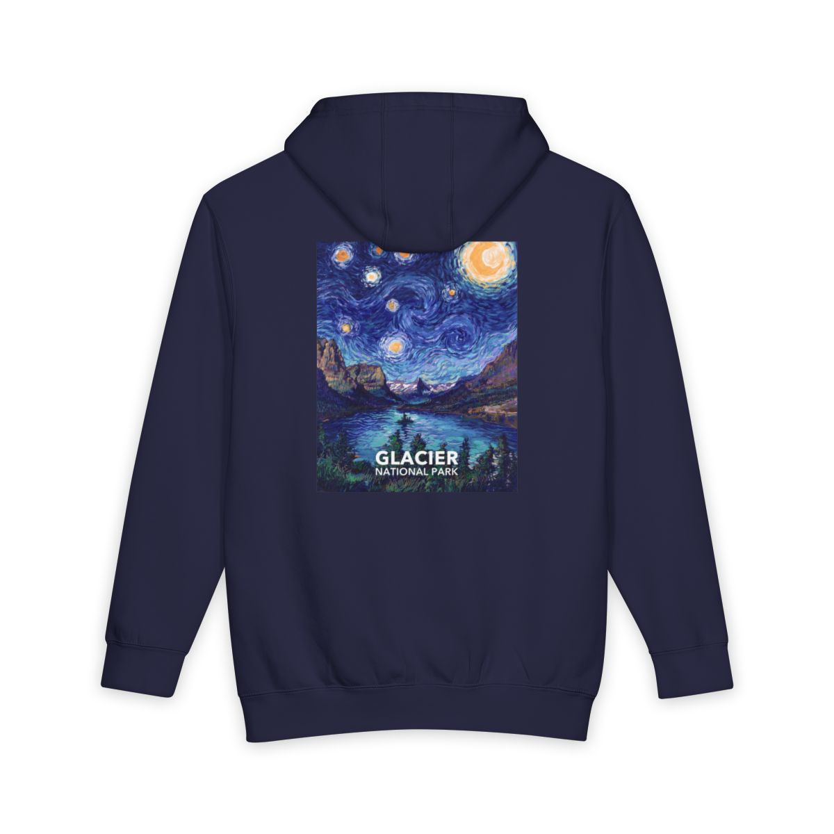 Navy Blue Glacier National Park hoodie, back view with the starry night poster artwork