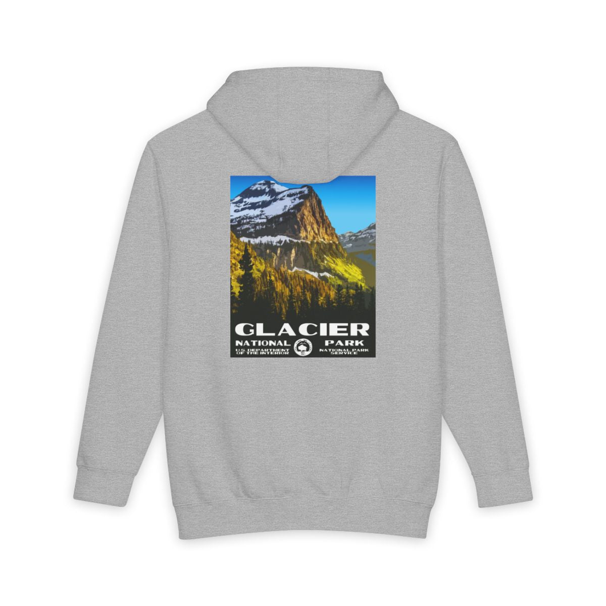 Heather Grey Glacier National Park hoodie, back view with national park poster artwork