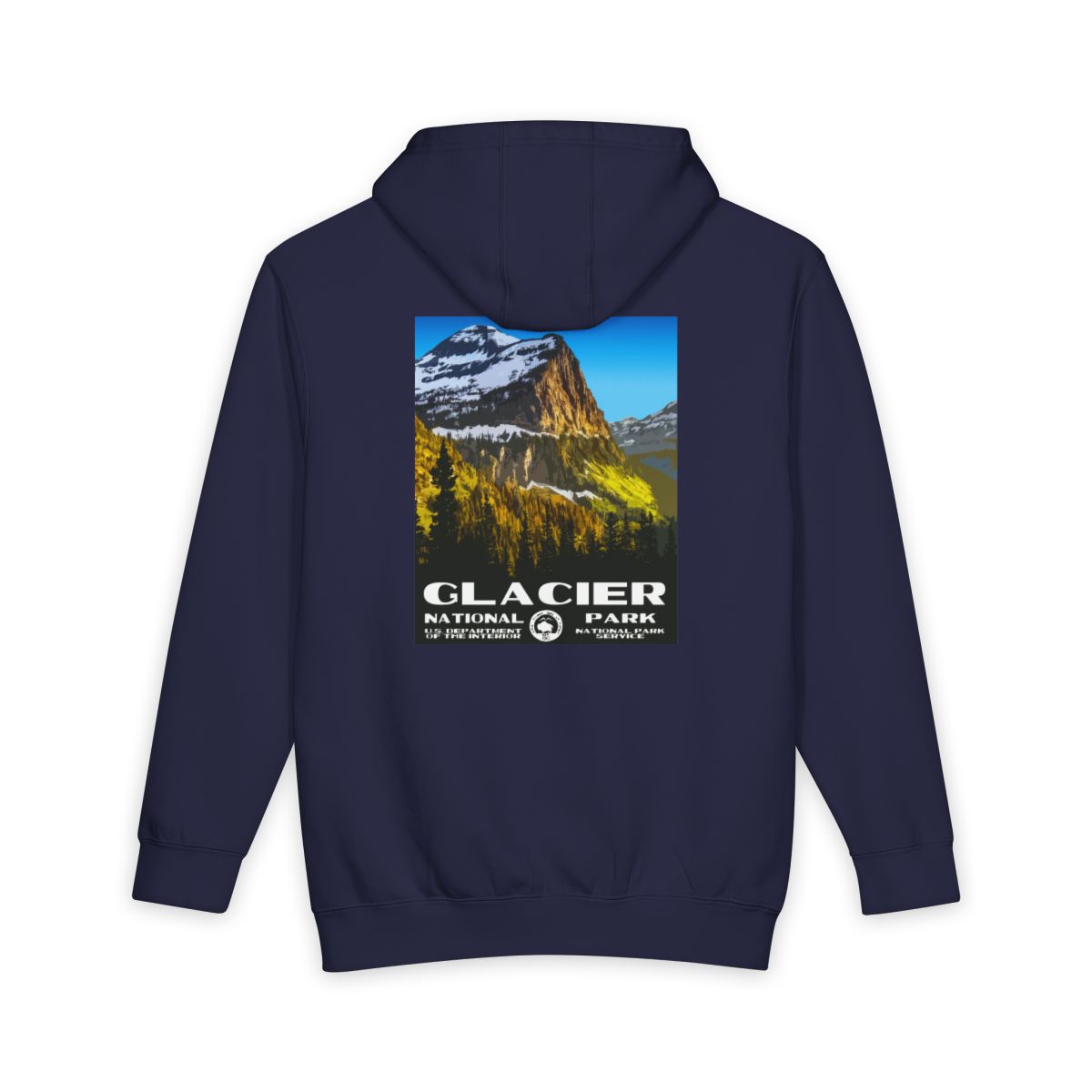 Navy Blue Glacier National Park hoodie, back view with national park poster artwork