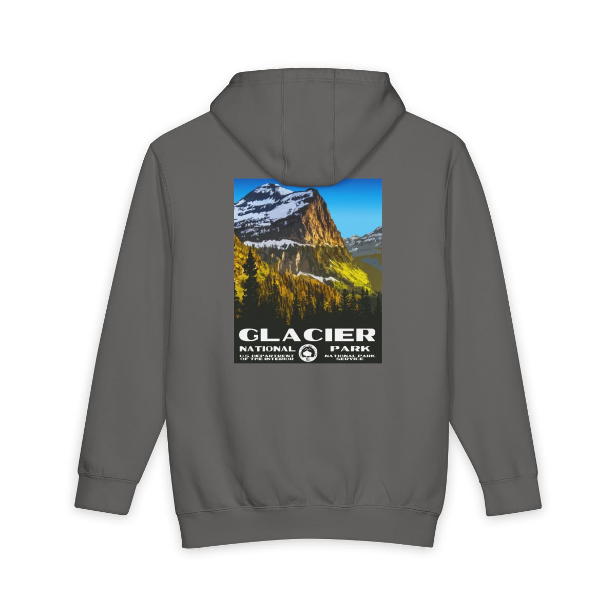 Storm Glacier National Park hoodie, back view with national park poster artwork
