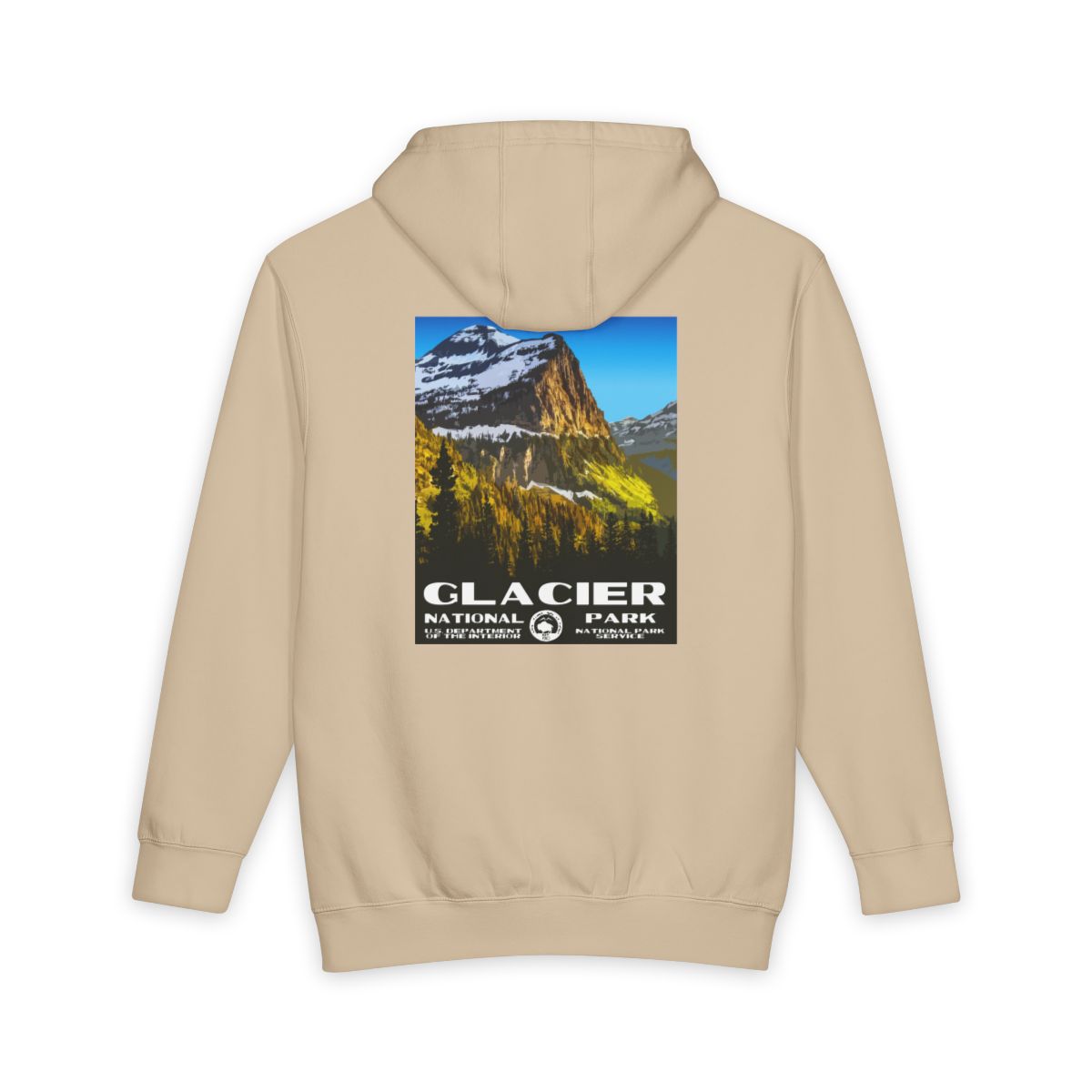 Mushroom Glacier National Park hoodie, back view with national park poster artwork