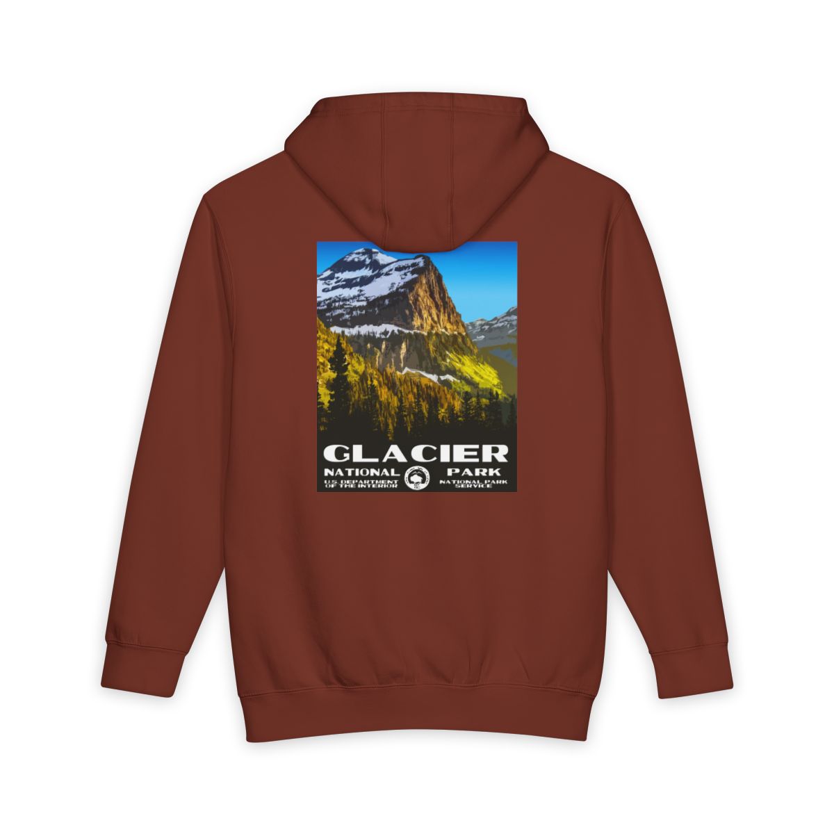 Paprika Glacier National Park hoodie, back view with national park poster artwork