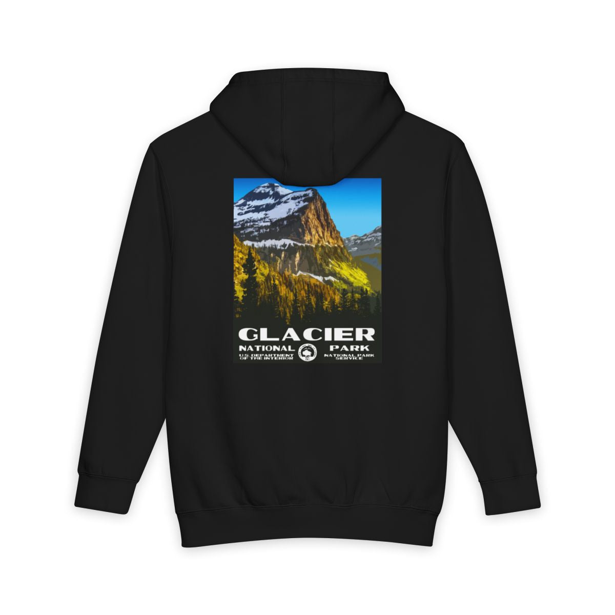 Black Glacier National Park hoodie, back view with national park poster artwork