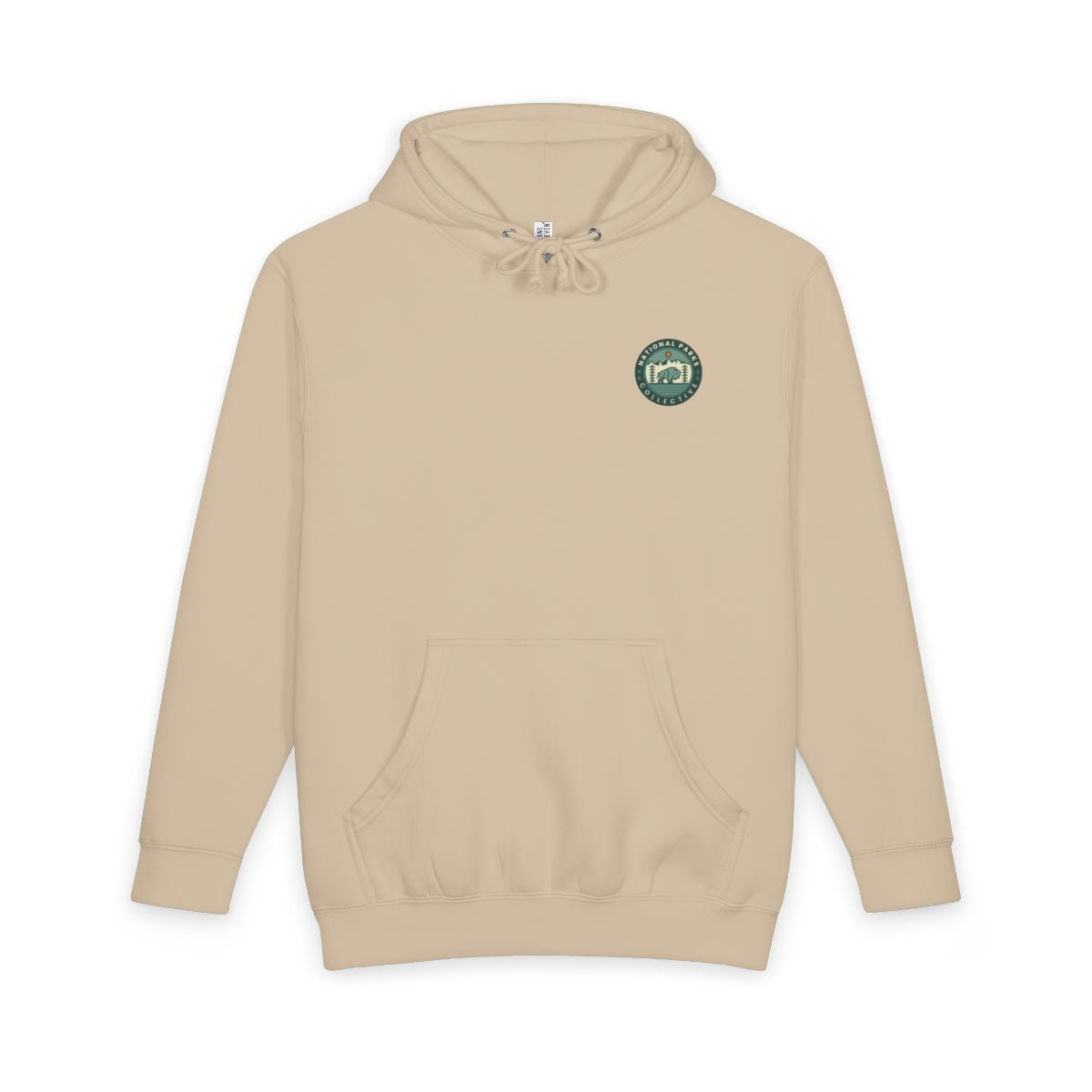 Mushroom Glacier National Park hoodie with national park poster artwork on the back, front view showing National Parks Collective chest emblem
