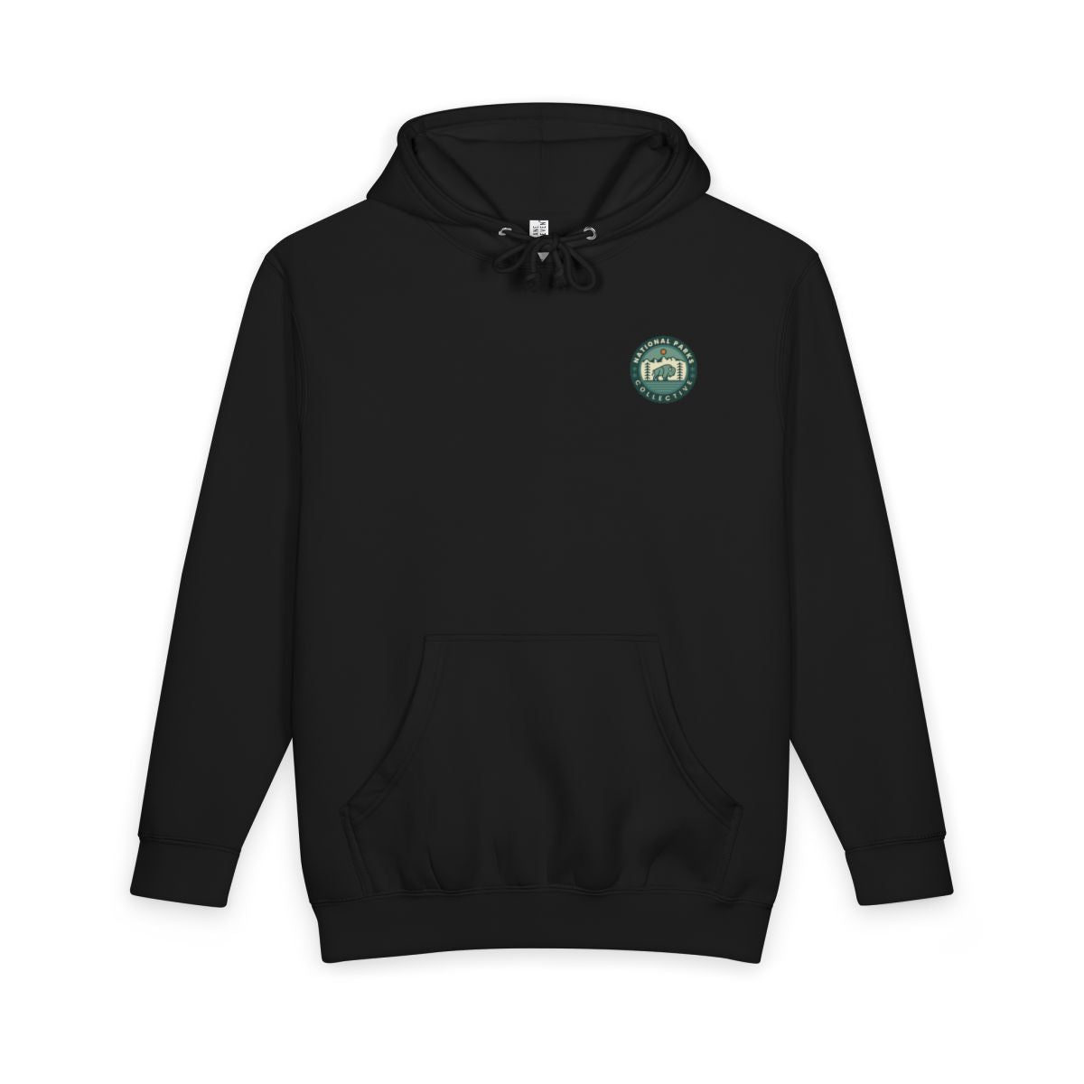 Black Glacier National Park hoodie with national park poster artwork on the back, front view showing National Parks Collective chest emblem