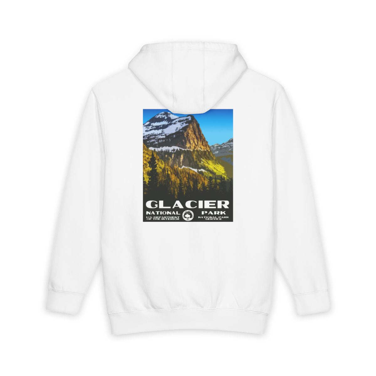 White Glacier National Park hoodie, back view with national park poster artwork