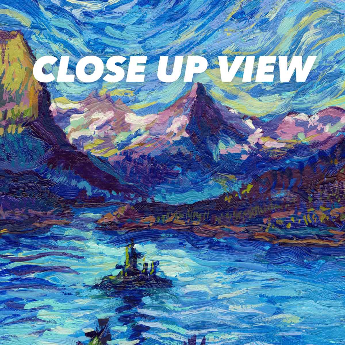 Close-up view of the Glacier National Park Starry Night poster artwork, showing colorful Van Gogh-inspired brushwork