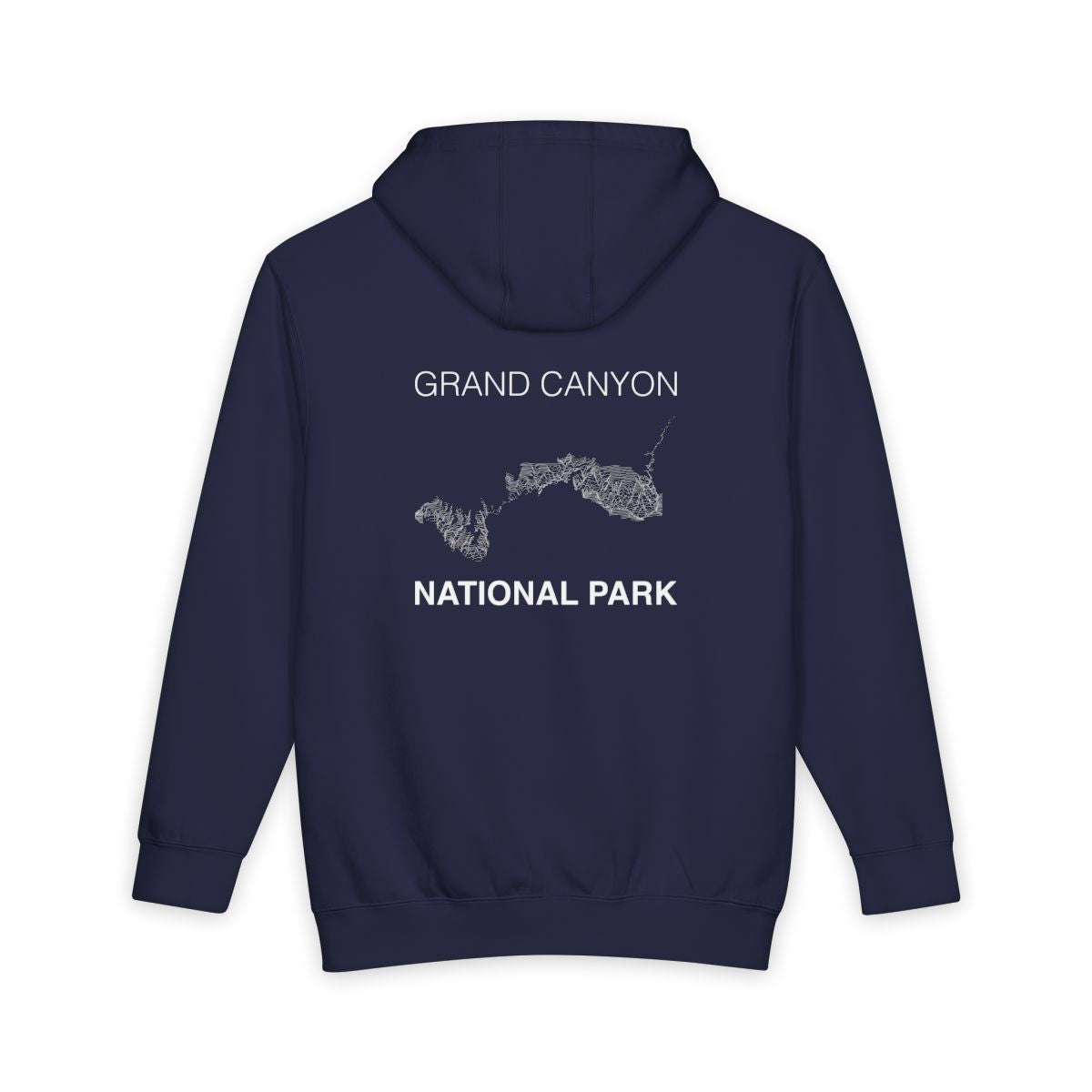 Navy Blue Grand Canyon National Park hoodie, back view with topographic line design