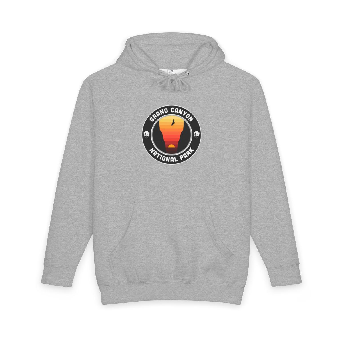 Heather Grey Grand Canyon National Park hoodie, front view with round emblem design