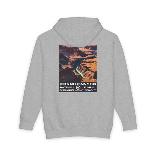 Heather Grey Grand Canyon National Park hoodie, back view with national park poster artwork