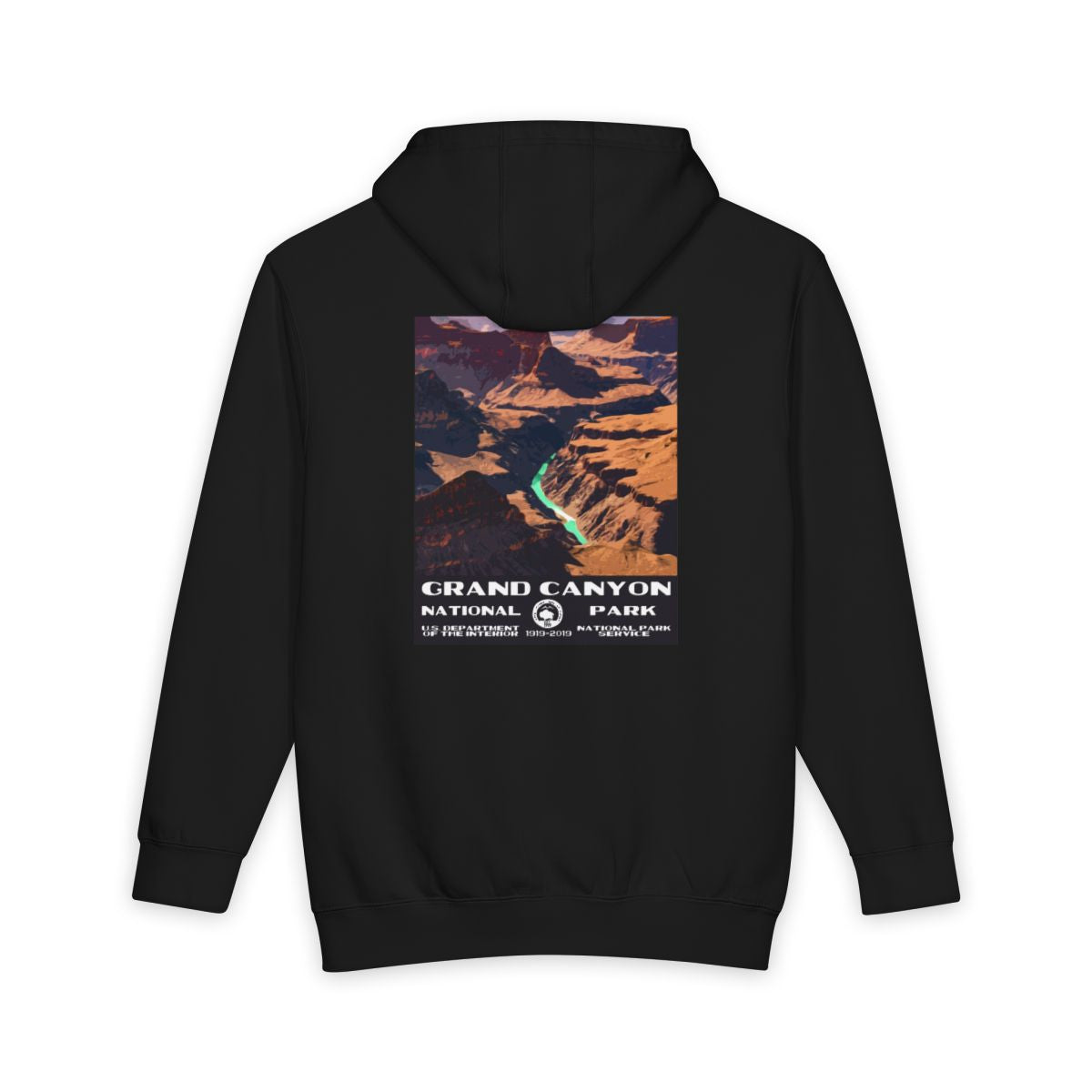 Black Grand Canyon National Park hoodie, back view with national park poster artwork